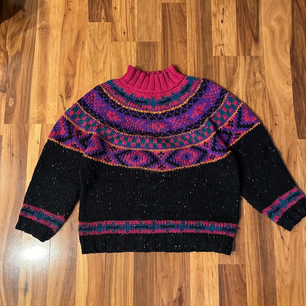 Vintage IVY Hand Knit Fair Isle Sweater Womens Small Black Pink Mock Neck Wool